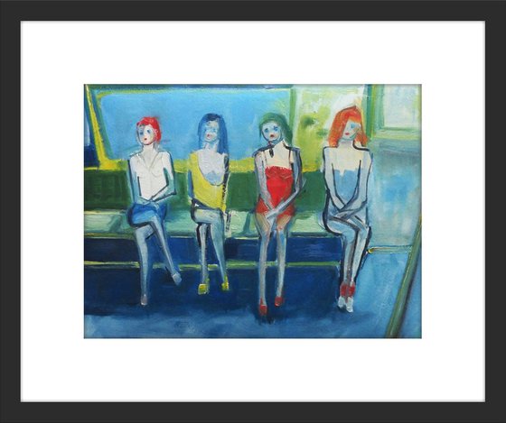 GIRLS FOURSOME CITY TRAVEL. Original Female Figurative Oil Painting. Varnished.