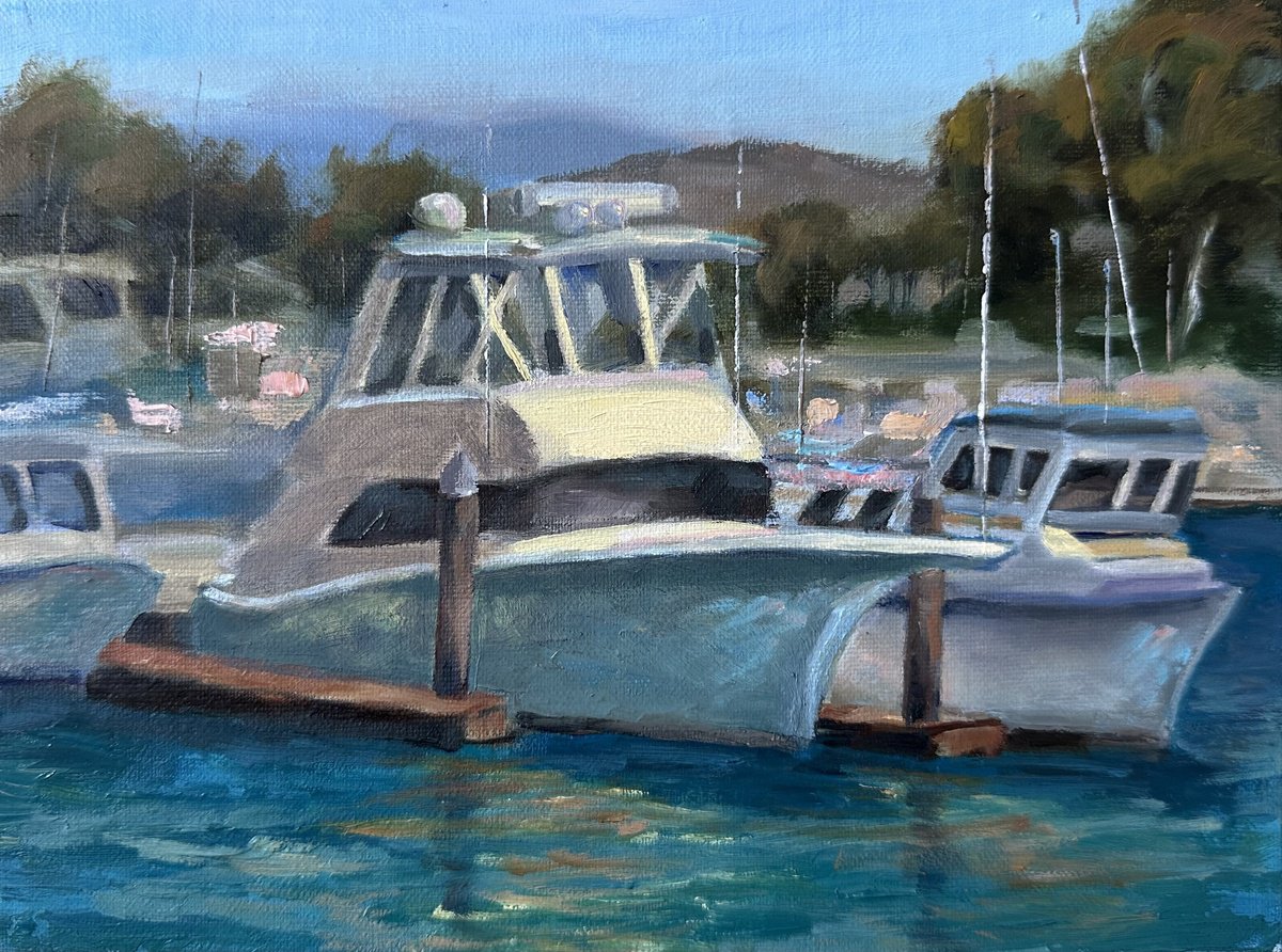 Impressionistic Transport Oil Painting By Grace Diehl, 8 X 6, Resting By The Dock, Original Artwork