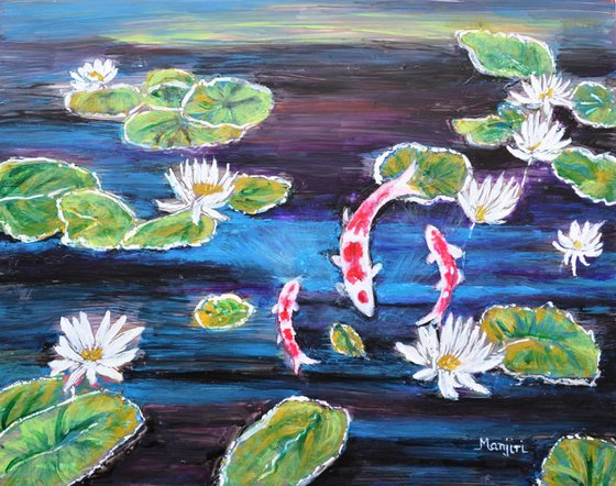 Koi in Lilly Pond fish painting fengshui home decor for sale.