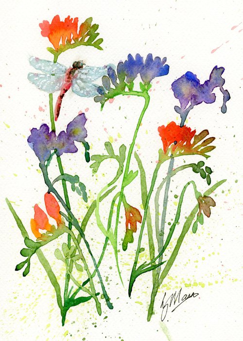 Freesias and Dragonfly by Lisa Mann