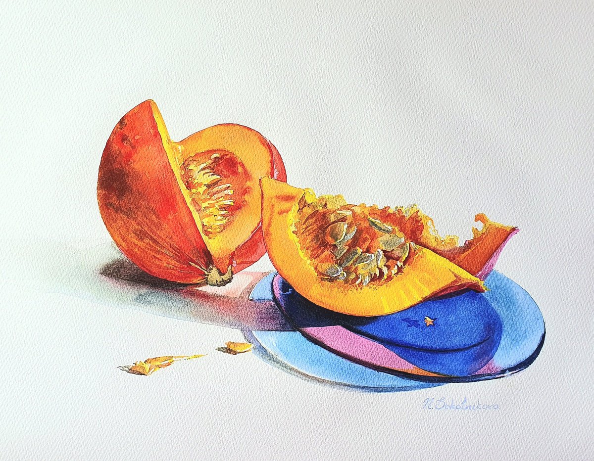 Photorealistic Still Life Watercolour By Sonata Art, 16 X 20", Pumpkin Yellow Blue Still Life, Original Artwork