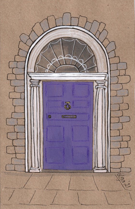 Violet and azure doors - Set of 2 architecture mixed media drawings in frames