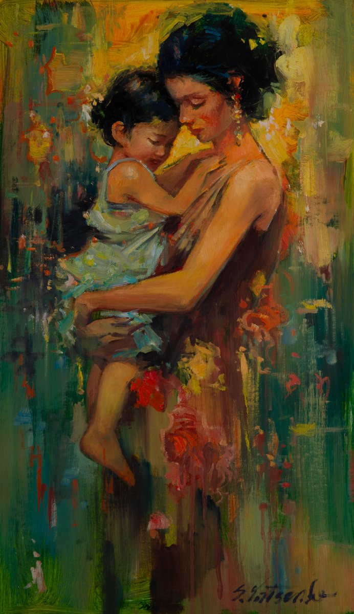 Impressionistic Portrait Oil Painting By Sergei Yatsenko, 19 X 33", Radiant Motherhood, Original Artwork