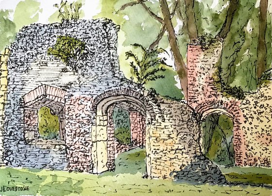 Ancient ruins in the park. An original ink and watercolour painting.