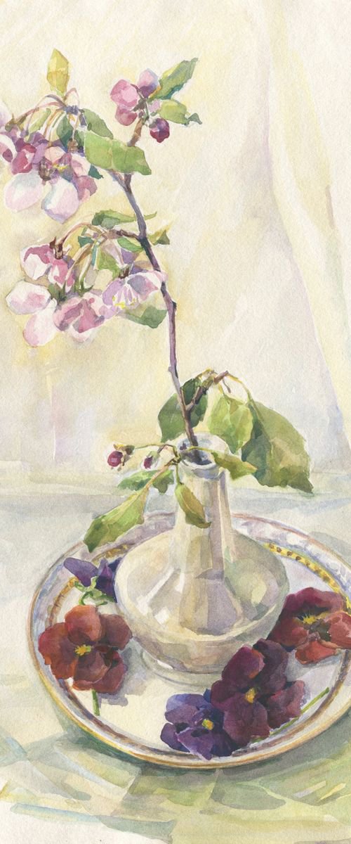 White waltz / Flowering branch in vase Floral still life Delicate watercolor by Olha Malko