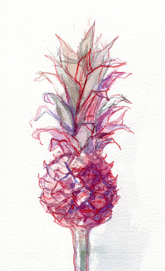 Watercolor painting of pink decorative ananas in bottle