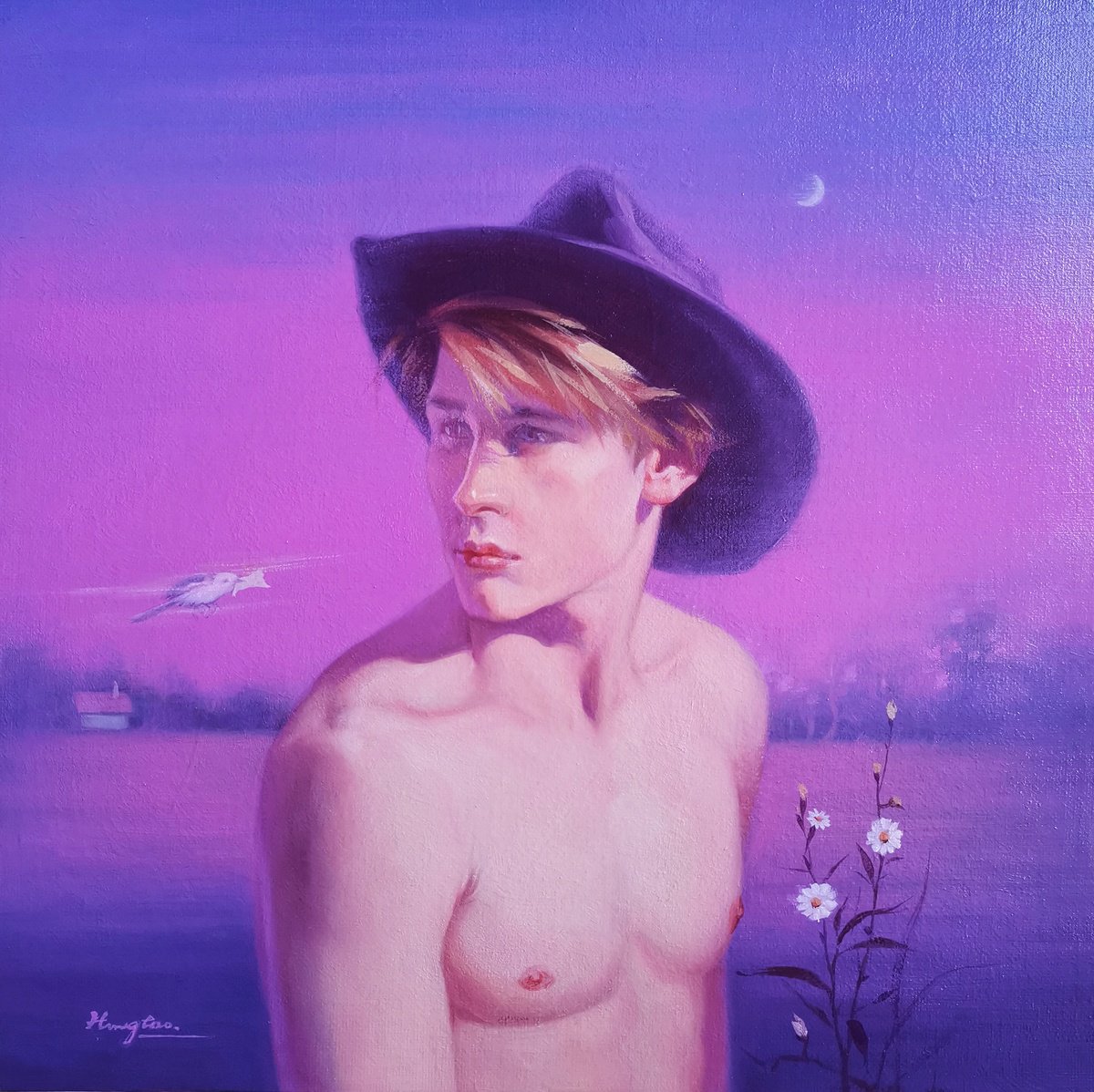 Photorealistic Oil Painting , Cowboy In Purple Sunset By Hongtao Huang, 12 X 12, Artwork For Sale On Artfinder