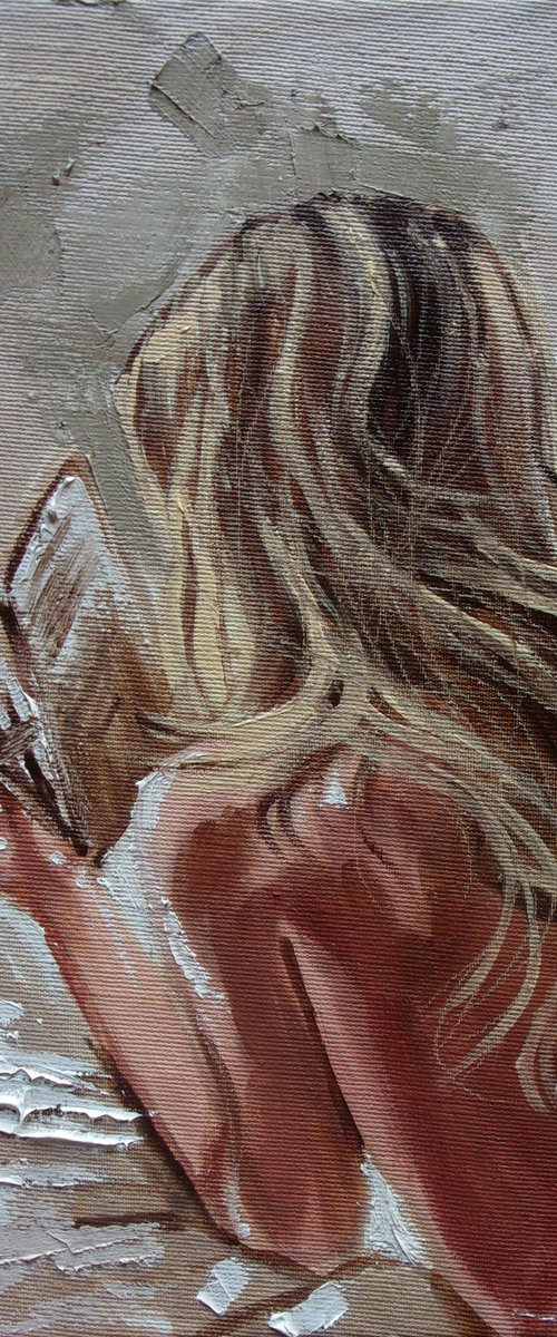" READING IN WINDOW " book lover original painting ROOM  palette knife GIFT brown by Monika Luniak