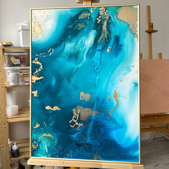 Ocean Blue Gold Fluid Painting