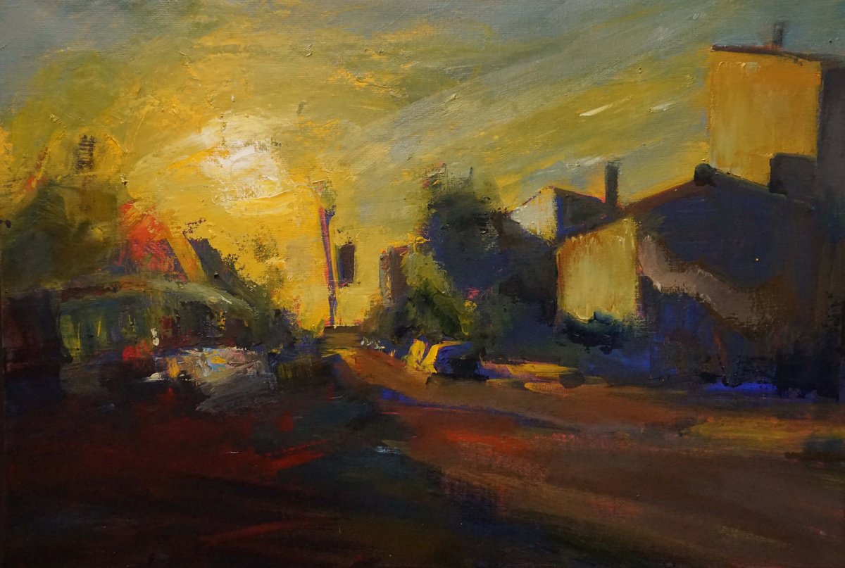 Expressive Cityscapes Oil Painting By Manuel Leonardi, 29 X 20", Contre Jour With Bus, Original Artwork