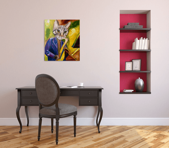 Cat  Saxophonist, musician, feline art for cat lovers