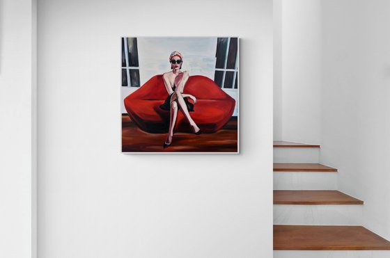 LIPS SOFA - oil painting on canvas, red lips, woman, gaze, sex, erotics, body shapes, white, red, sunglasses, office art, wall art