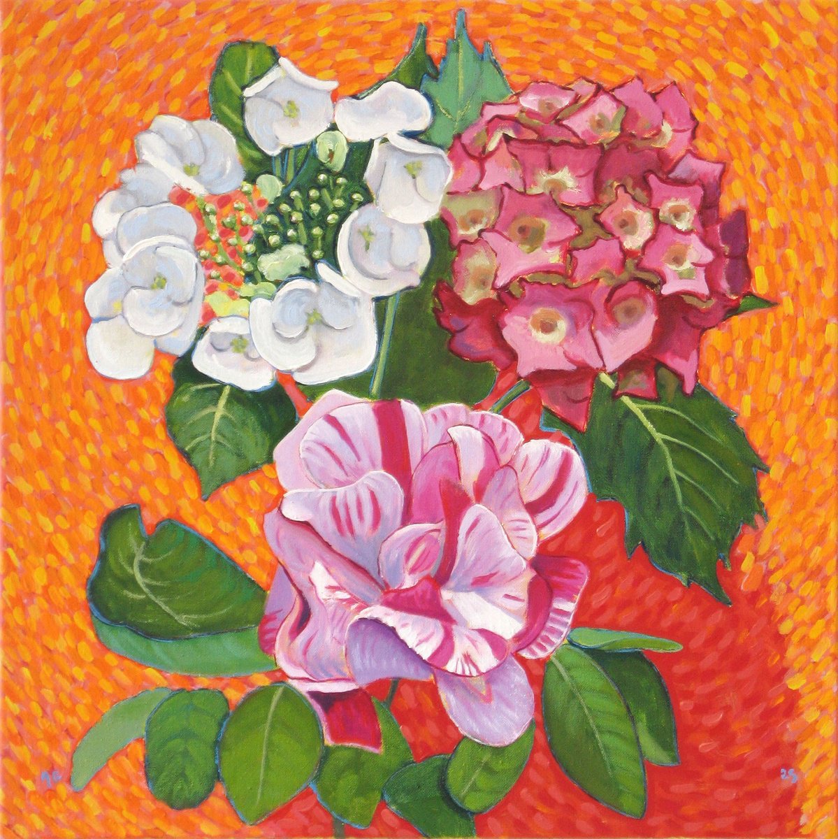 Botanical Oil Painting By Richard Gibson, 16 X 16", Hydrangeas And Rose, Original Artwork