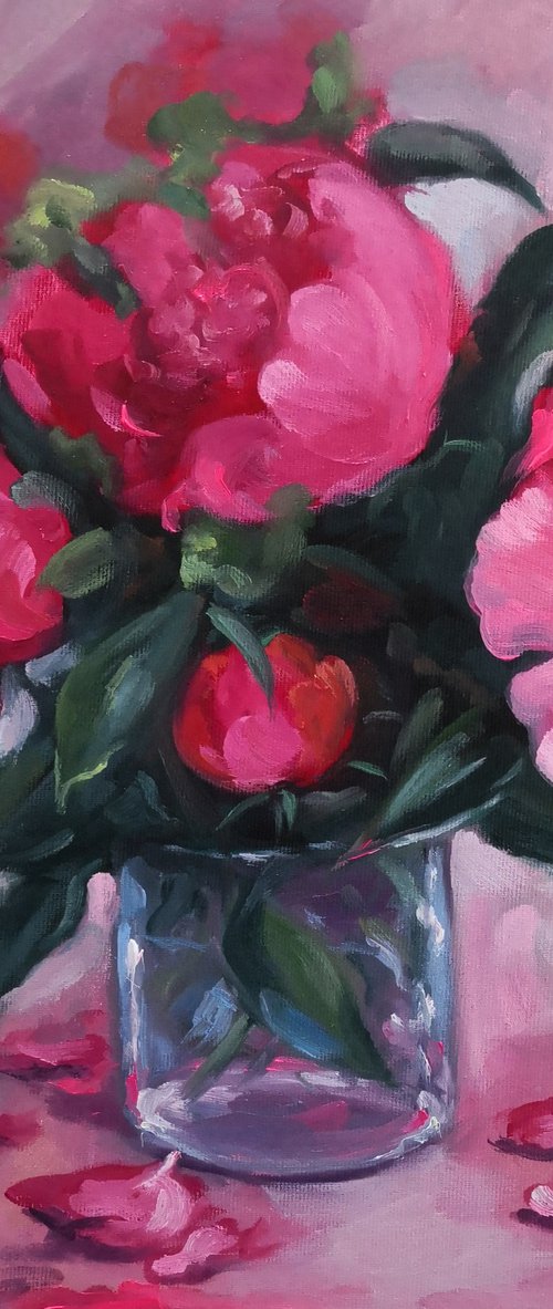 Pink  Peonies in a glass still life by Jane Lantsman