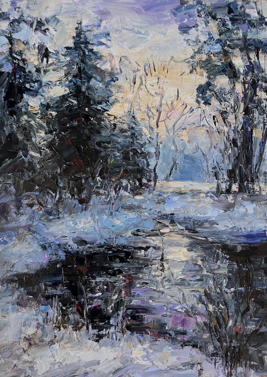 Impressionistic Landscape Oil Painting By Liubou Sas, 10 X 14", Winter River, Original Artwork
