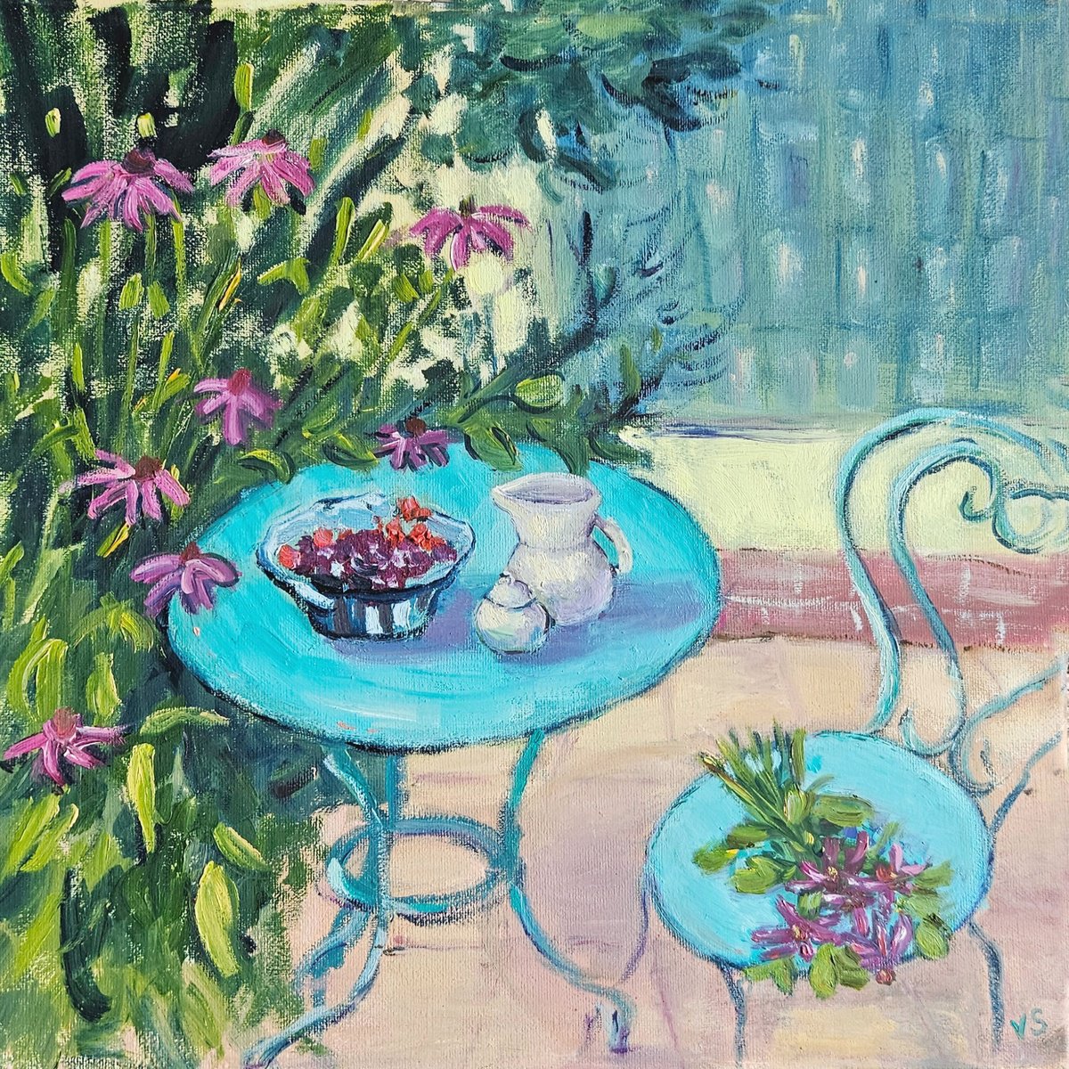 Impressionistic Botanical Oil Painting By Vera Stein, 16 X 16", Milk And Bears, Original Artwork