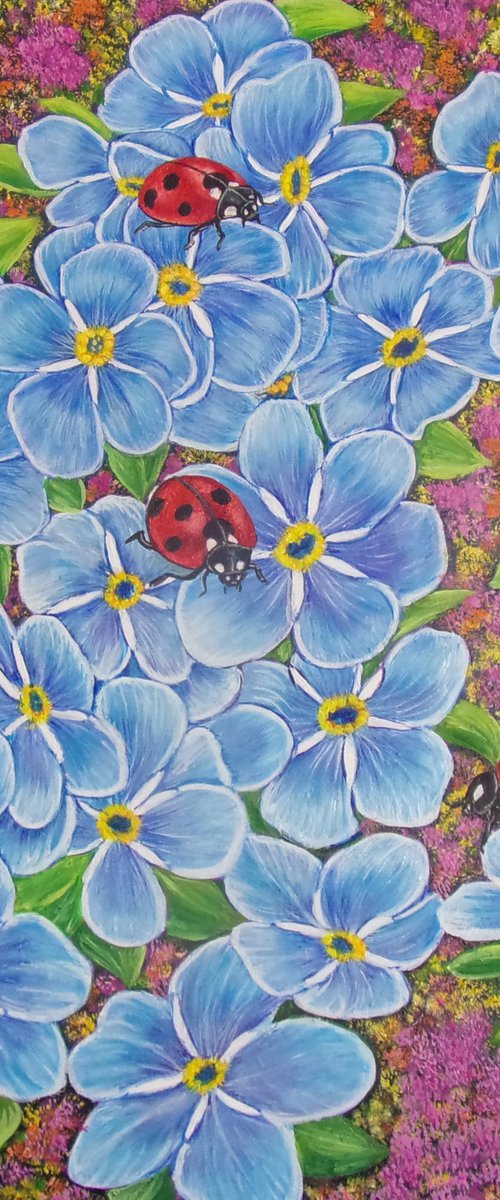 Ladybugs on forget-me-nots flowers by Sofya Mikeworth