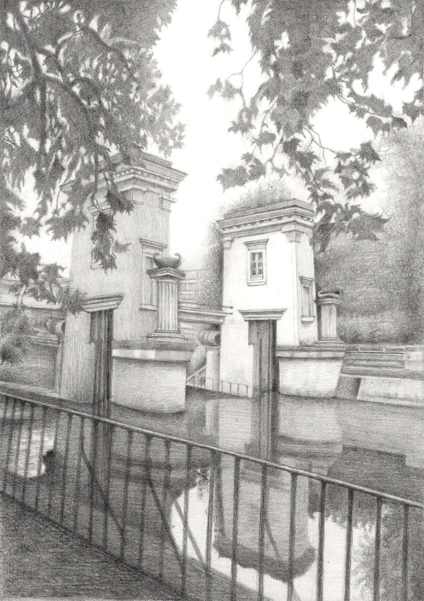 Photorealistic Cityscapes Pencil Drawing By Nives Palmic, 8 X 12", Water Barriers In Ljubljana, Original Artwork