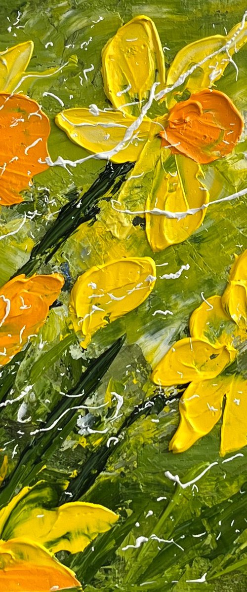 Daffodil Painting Floral Original Art Flower Oil Impasto Artwork Small Wall Art 6 by 6" by Halyna Kirichenko by Halyna Kirichenko