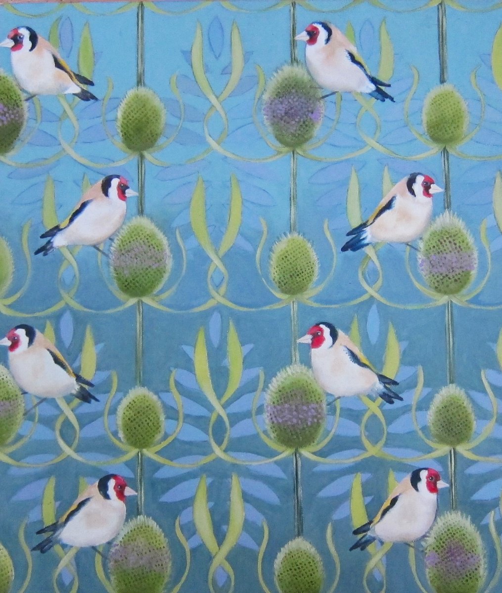 Animal Oil Painting By Sophie Colmer-Stocker, 14 X 16", Goldfinches And Teazles, Original Artwork