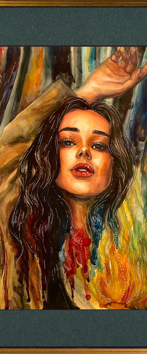 AUBURN FLAME, Original Expressive Portrait of a Young Woman Watercolor Painting by Nastia Fortune