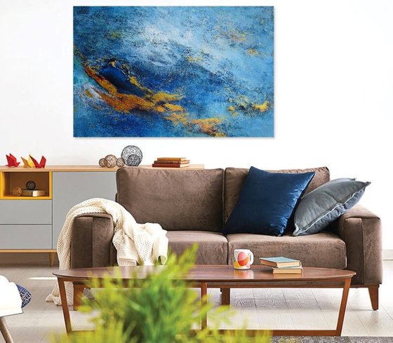 Large Blue and Gold Contemporary Abstract Landscape, Ocean Painting # 810-31. Textured Art