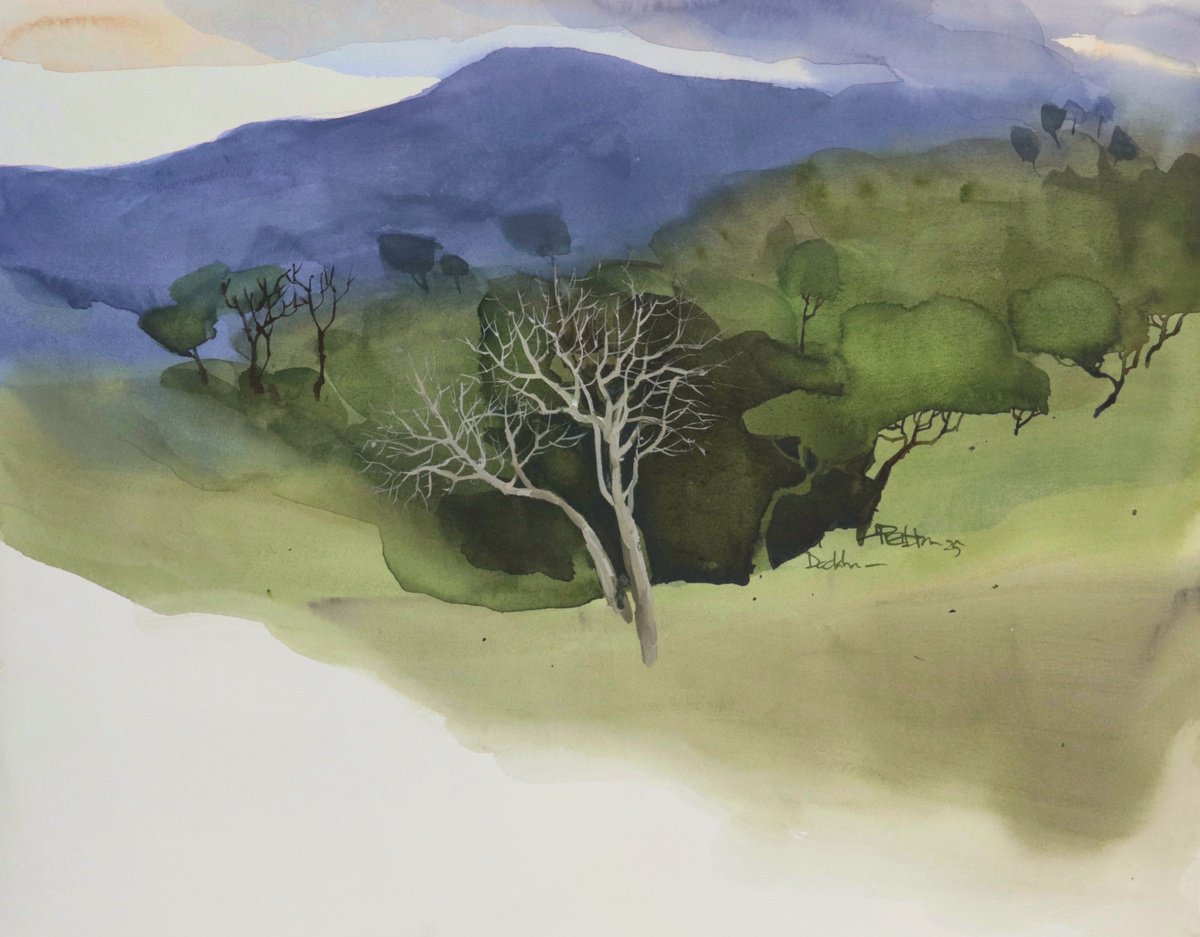Impressionistic Landscape Watercolour By Prashant Prabhu, 20 X 16", Himalayan Summer Greens, Original Artwork