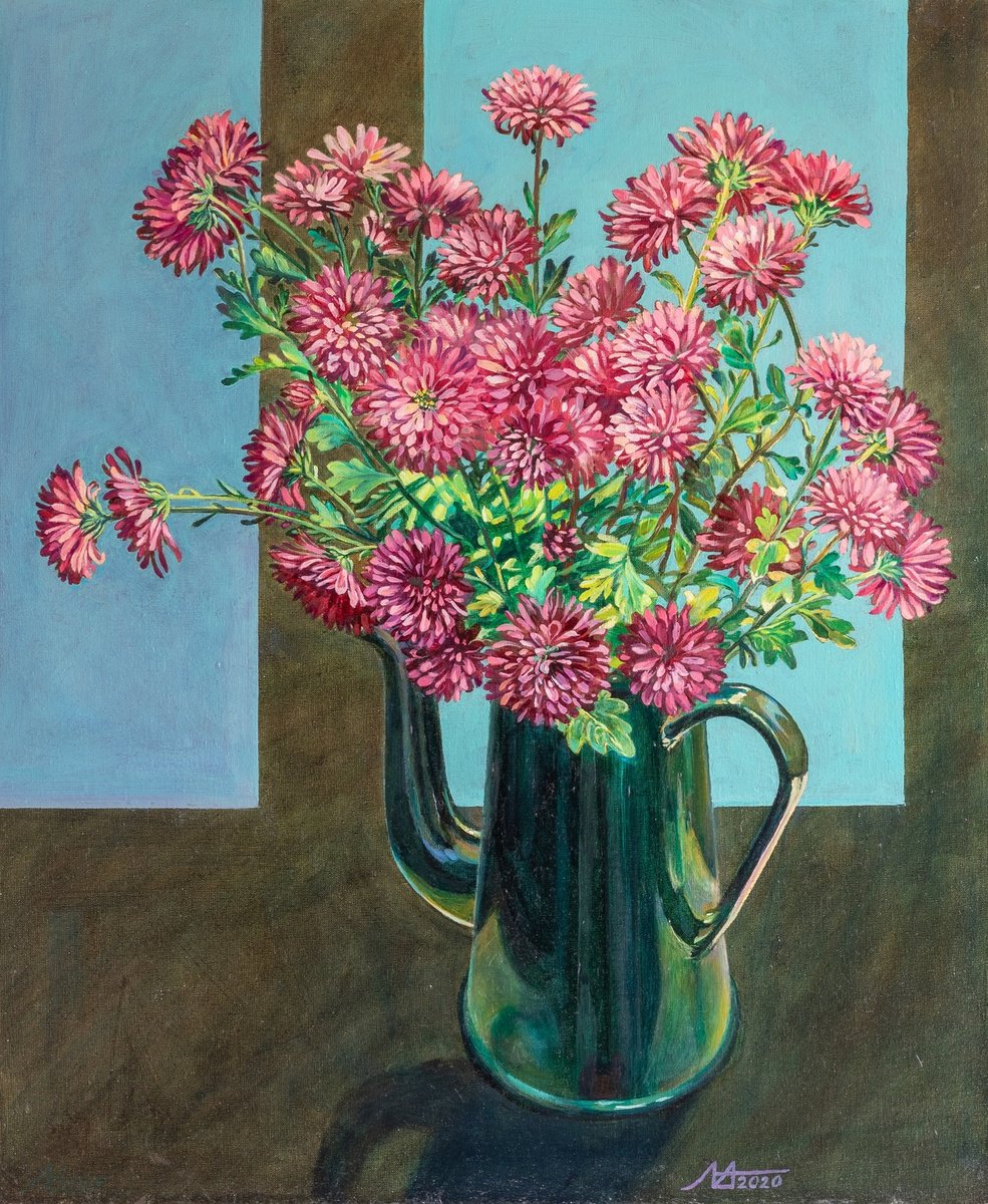 Photorealistic Still Life Oil Painting By Alona Lesnichenko, 22 X 26, Chrysanthemums On The Windowsill, Original Artwork