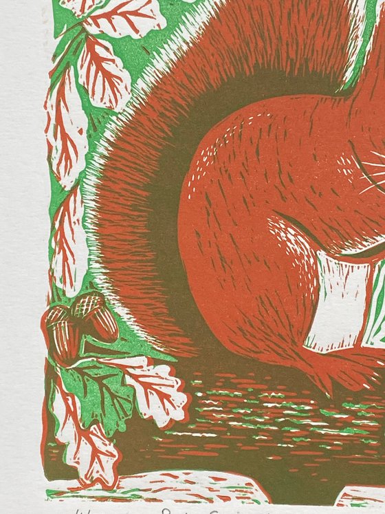 Limited edition handmade linocut. Red Squirrel 4/95