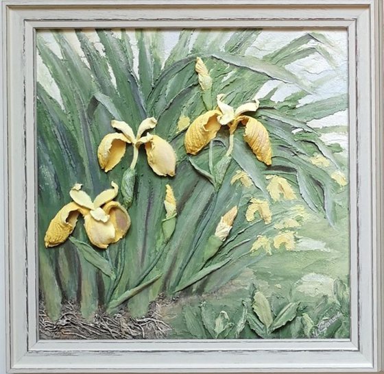 Yellow irises - the landscape of a summer flowering garden-3D-painting, , 30x30x4 cm depts