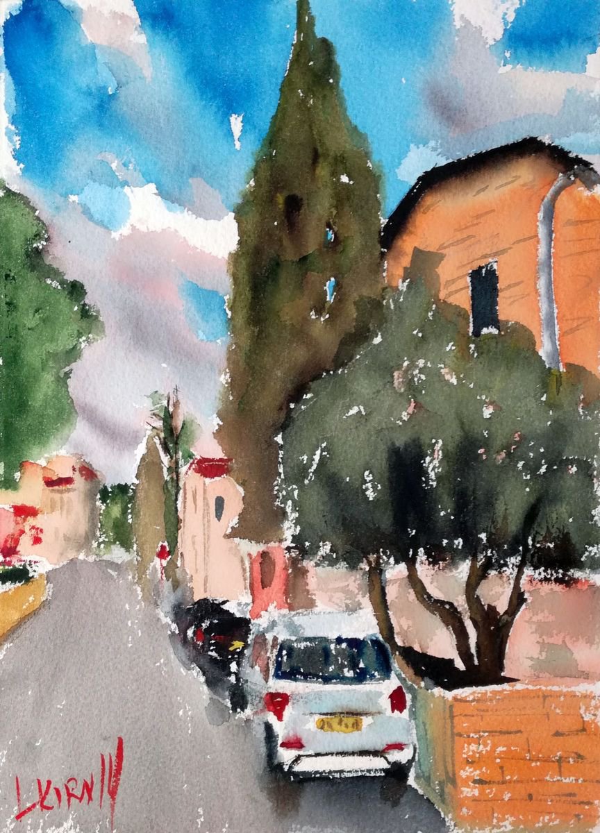 Impressionistic Cityscapes Watercolour By Leonid Kirnus, 9 X 13", The Street In German Colony, Original Artwork