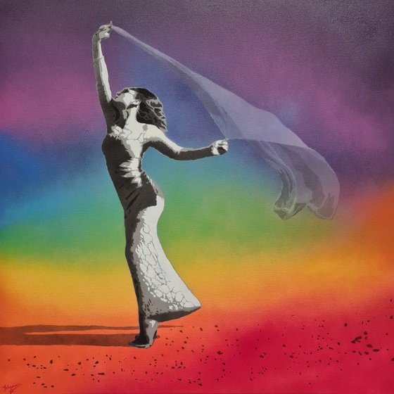 "Lost in a moment" - Spray paint, street art / pop art graffiti canvas depicting a Woman Dancing with vail / scarf in a Banksy style.