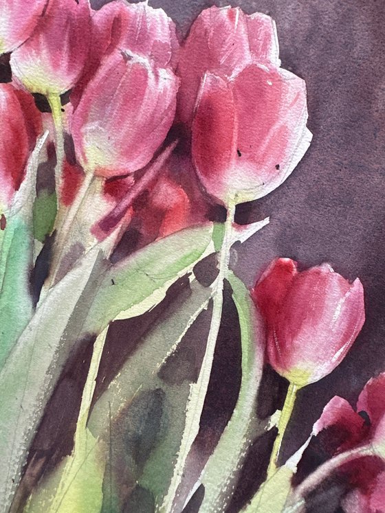 Watercolour. Tulips smell like spring.