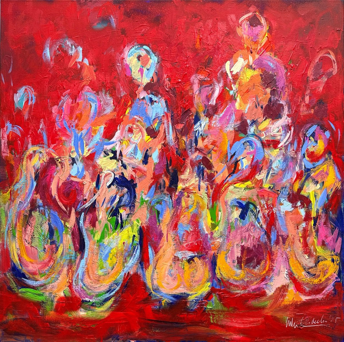 Expressive Portrait Painting By Nicole Leidenfrost, 39 X 39", Versammlung, Original Artwork