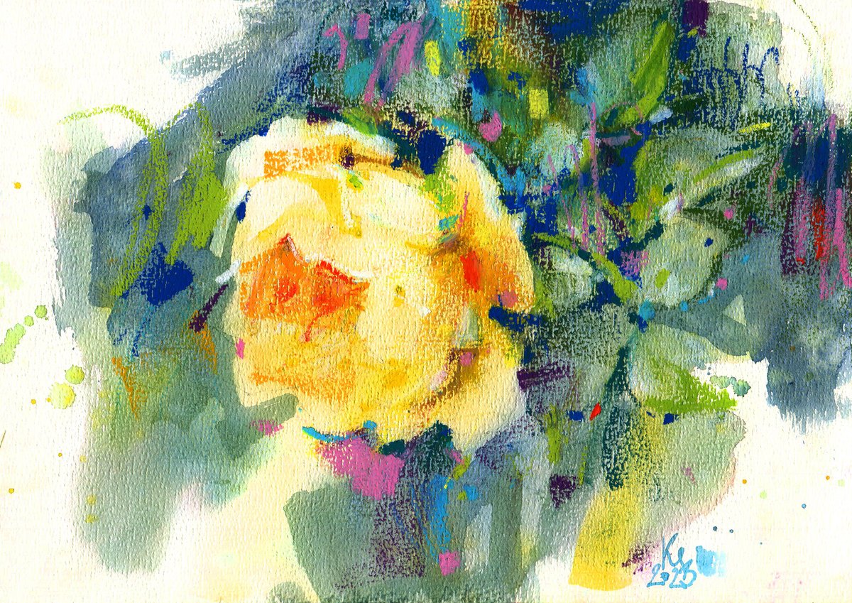 Golden Rose - Textured abstract botanical mixed media artwork by Ksenia Selianko