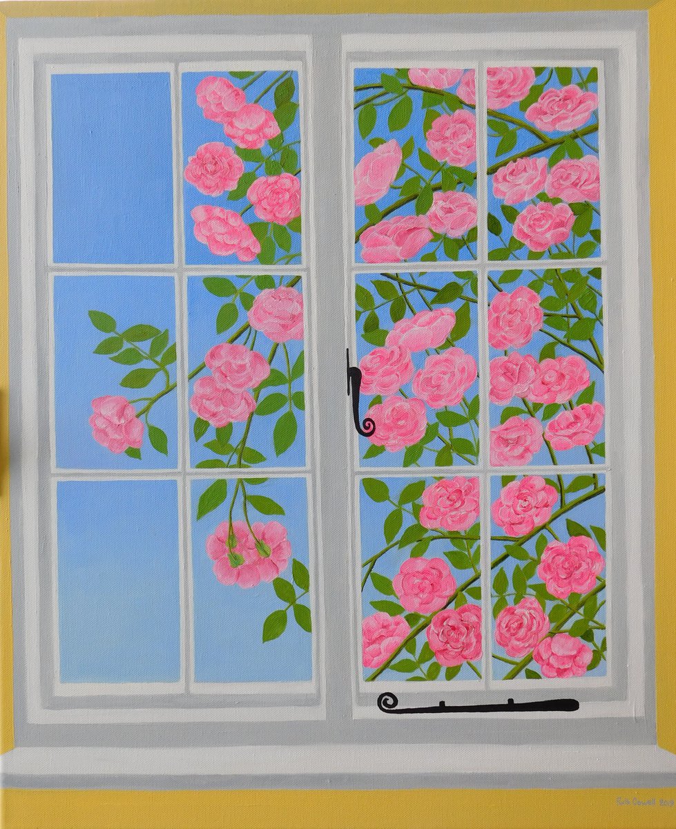 Photorealistic Oil Painting , Pink Irish Rose At The Window By Ruth Cowell, 20 X 24, Artwork For Sale On Artfinder