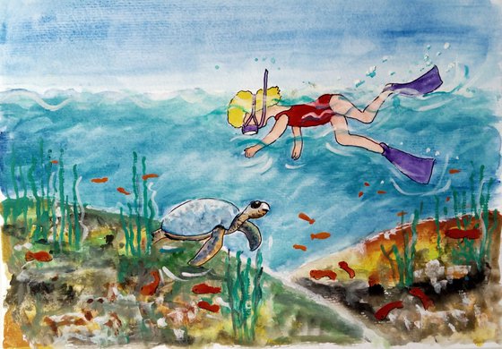 Girl snorkeling. Swimming, fishes, sea turtle