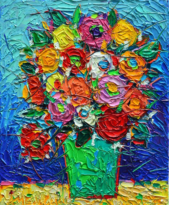 COLOURFUL WILD ROSES - abstract modern impressionist floral miniature palette knife oil painting