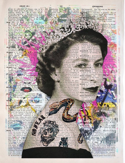 The Queen Elizabeth II Snake Tattoo - Collage Art on Large Real English Dictionary Vintage Book Page by Jakub DK - JAKUB D KRZEWNIAK