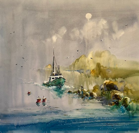 Sold Watercolor “Full moon. Old boat” gift for him