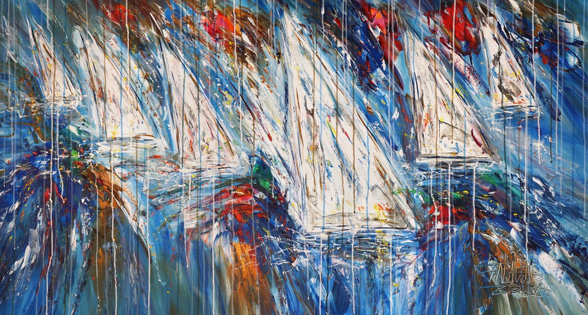 Abstract Acrylic Painting By Peter Nottrott, 61 X 33", Stormy Sailing Regatta C 7, Original Artwork