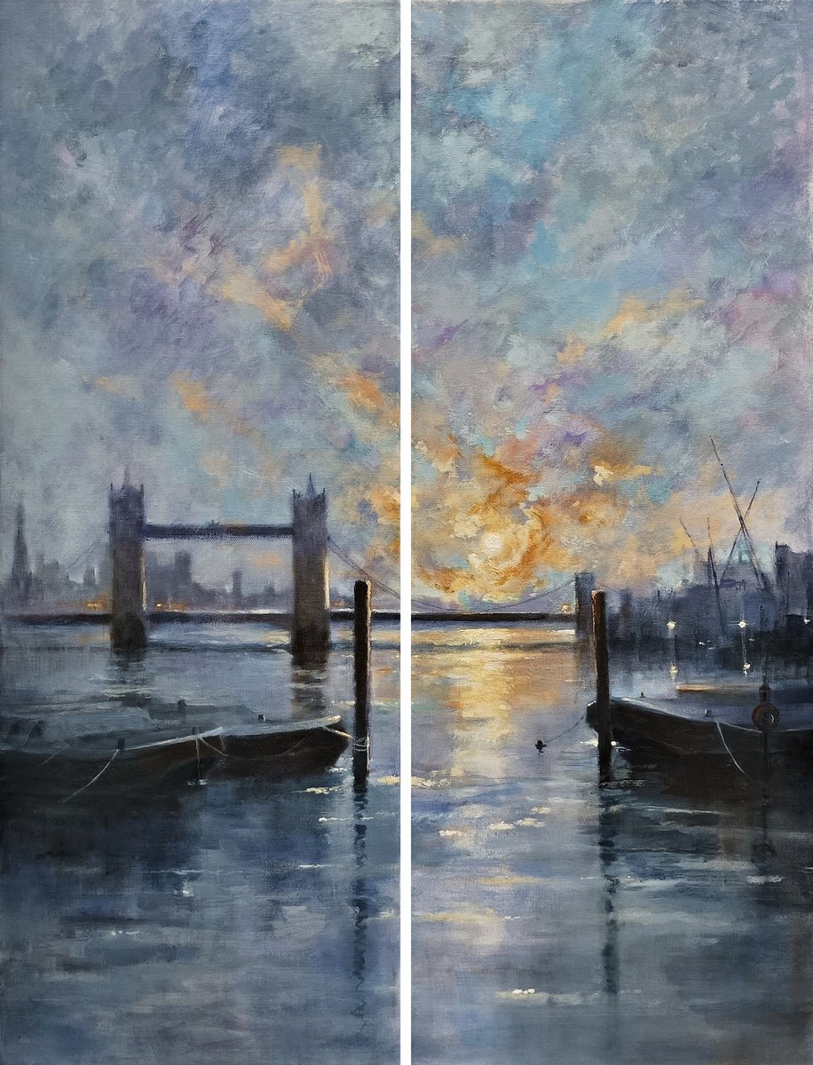 Impressionistic Cityscapes Acrylic Painting By Alan Harris, 24 X 32, Evening Glow London, Original Artwork