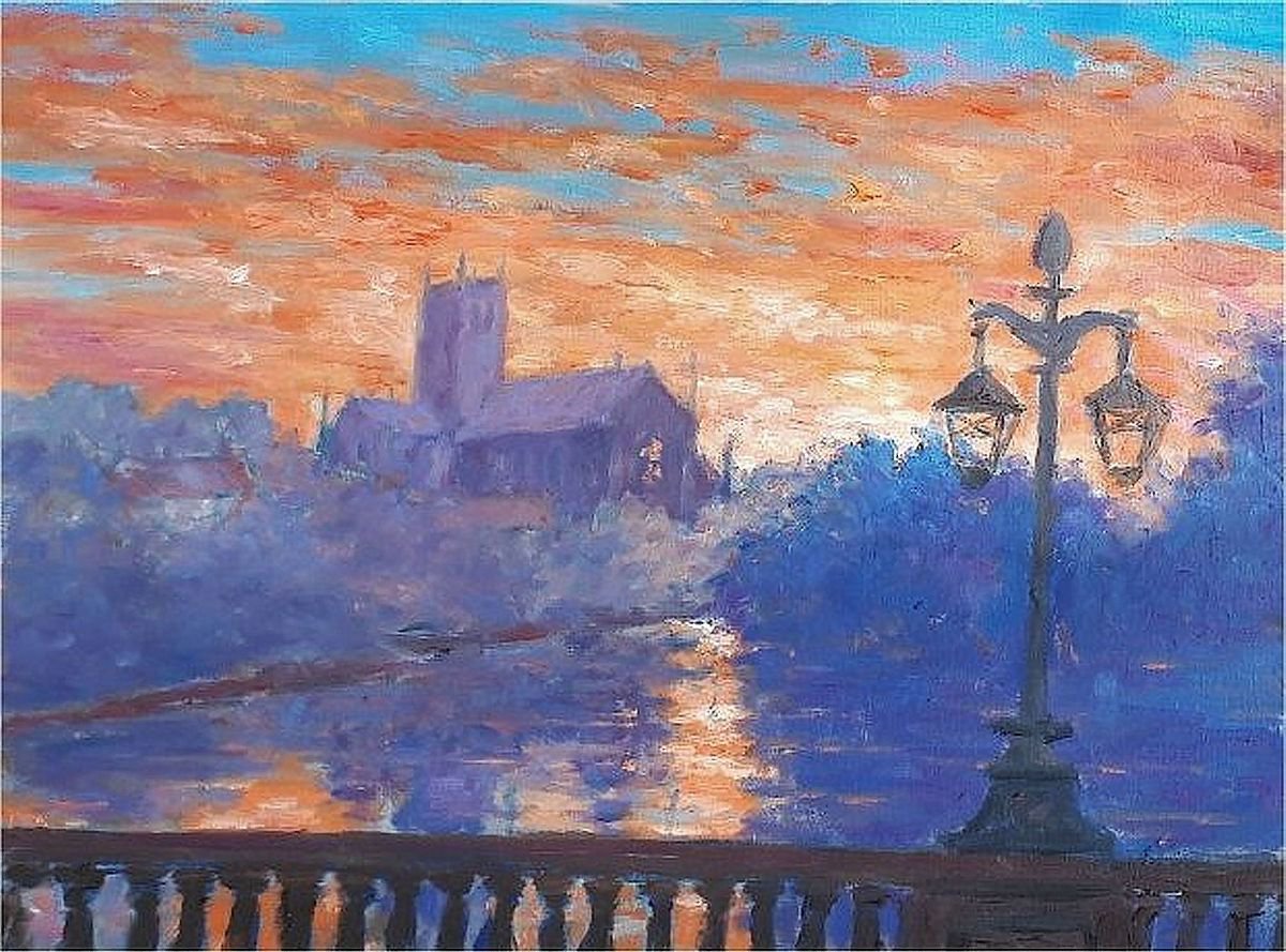 Cityscapes Oil Painting By Colin Ross Jack, 16 X 12, Worcester Cathedral : Red Sunrise, Original Artwork