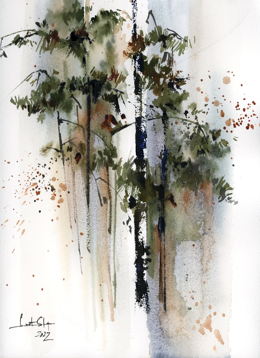 Pine Trees Landscape Watercolor Painting by Sophie Rodionov