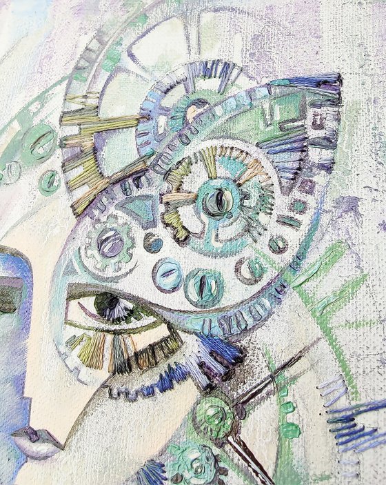 Through the time, steampunk, pale lilac painting with a woman's face and a clockwork, embroidery