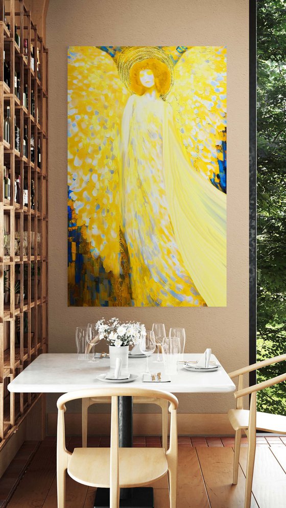 Sunny Angel. Huge 200 x 120 cm artwork. Magical radiance of the soul. Bright futuristic fantasy fabulous esoteric surreal mystery harmonious golden yellow art. Meditation relaxation pray aura grace Large format wall art on canvas