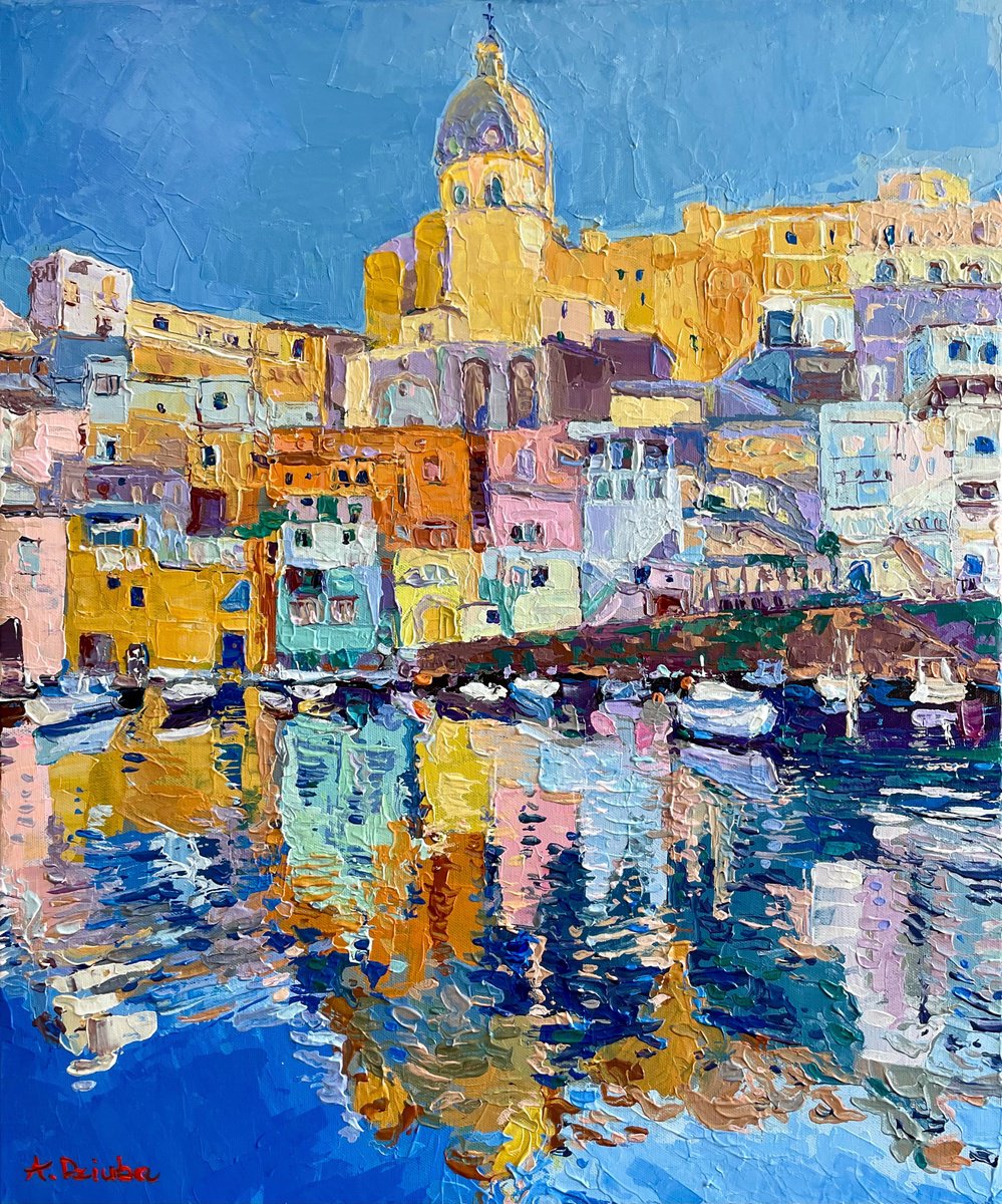 Impressionistic Landscape Acrylic Painting By Adriana Dziuba, 20 X 24, Procida Island Naples Italy, Original Artwork