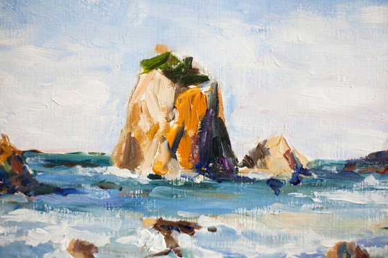 Atlantic cost. Portugal. Study. Original oil painting. Small size portugal beach rocks yellow blue nature landscape impressionism decor interior