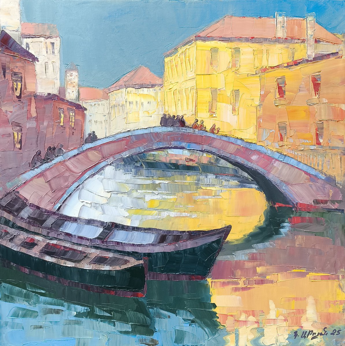 Impressionistic Cityscapes Oil Painting By Kamo Atoyan, 20 X 20", Impression Of Venice, Original Artwork