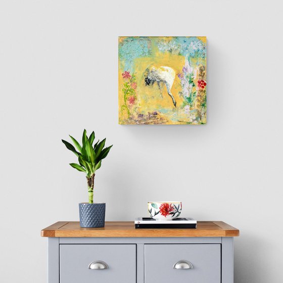 Crane in a floral stillness